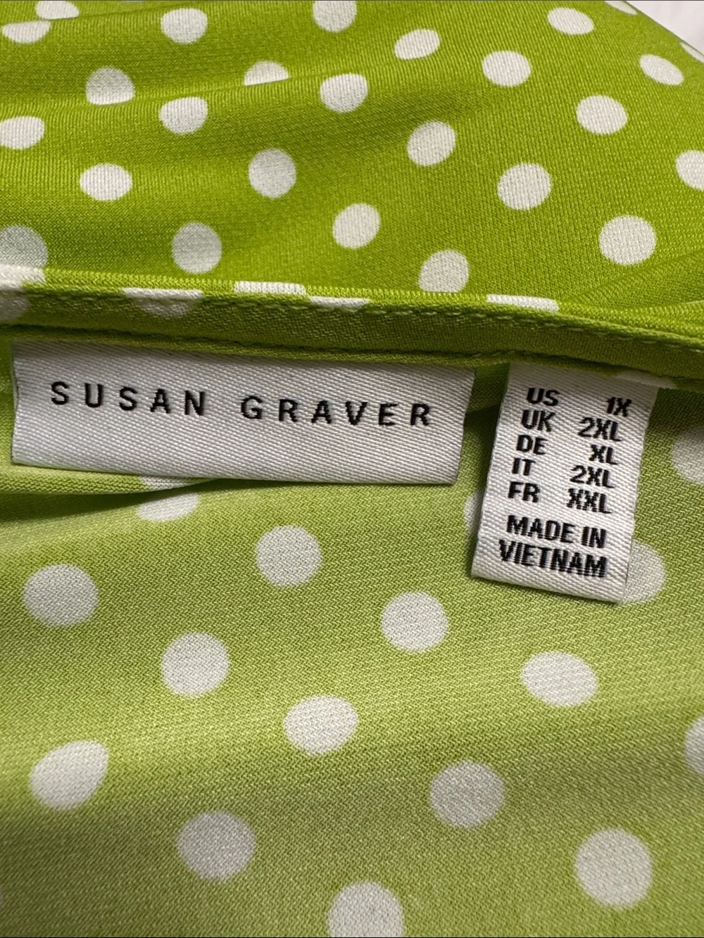 Susan Graver Lime Green White Polka Dot V-Neck blouse - Picture 5 of 6